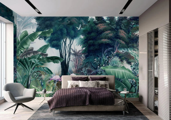 Flamingos Tropical Trees Wallpaper, Green Nature Wall Mural, Jungle Forest Scene, Non - Woven, Non - Pasted, Removable, Custom Exotic Wall Print Art - Adawall Wallpaper - Registered Trade Accounts Only, Wallpaper Wholesale Account - A307-2 - Adawall Wholesale - Wallpaper Wholesaler