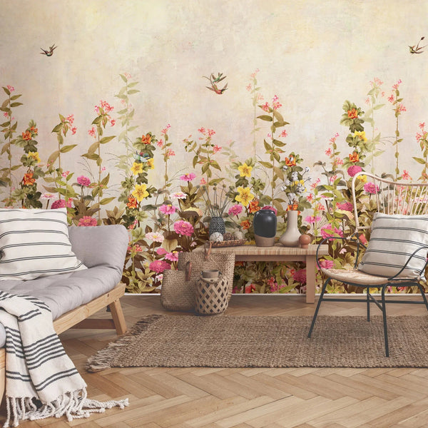 Floral Blossoms Wallpaper, Green Flowers Birds Wall Mural, Oversized Custom Size Wall Art, Non - Woven, Non - Adhesive, Modern Wall Paper, Removable - Adawall Wallpaper - Registered Trade Accounts Only, Wallpaper Wholesale Account - SE320-3 - Adawall Wholesale - Wallpaper Wholesaler