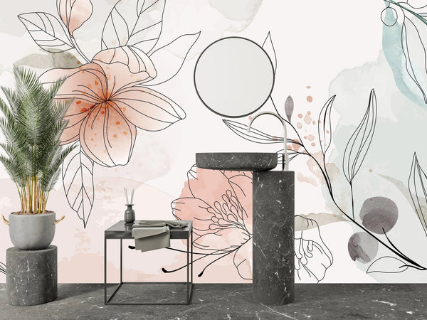 Floral Hand Drawn Wallpaper, Botanical Mural, Oversized Custom Size Wall Art, Non - Woven, Non - Adhesive, Modern Wall Paper, Removable - Adawall Wallpaper - Registered Trade Accounts Only, Wallpaper Wholesale Account - W77937 - Adawall Wholesale - Wallpaper Wholesaler