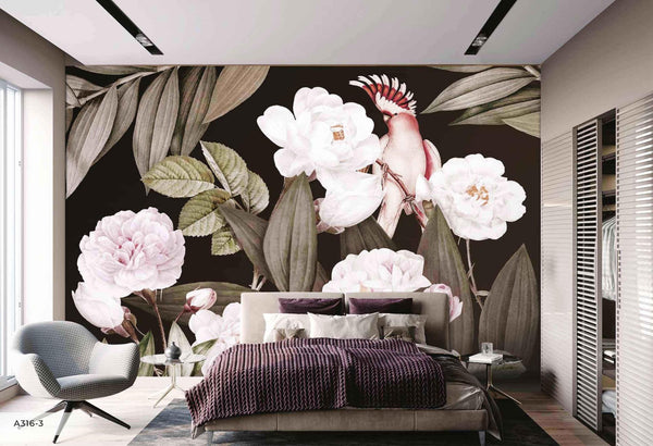 Floral Wall Mural, Brown Peony Flower Parrot Wall Mural Art, Big Size Customizable Bird Theme, Non - Adhesive, Removable Wallpaper, Black, Washable, Home Interior Decor Wall Art - Adawall Wallpaper - Registered Trade Accounts Only, Wallpaper Wholesale Account - A316-3 - Adawall Wholesale - Wallpaper Wholesaler