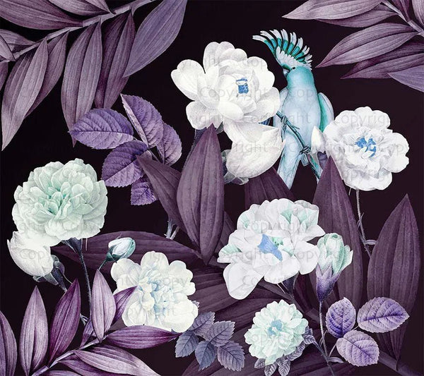 Floral Wall Mural, Purple Peony Flower Parrot Wall Mural Art, Big Size Customizable Bird Theme, Non - Adhesive, Removable Wallpaper, Black, Washable, Home Interior Decor Wall Art - Adawall Wallpaper - Registered Trade Accounts Only, Wallpaper Wholesale Account - A316-1 - Adawall Wholesale - Wallpaper Wholesaler