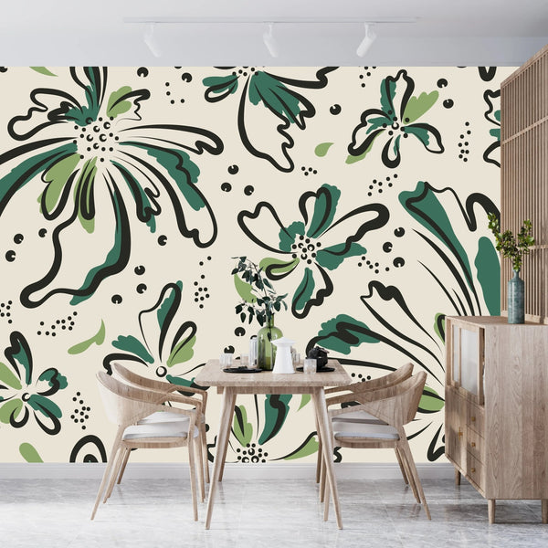 Floral Wallpaper, Black and Green Mural, Oversized Custom Size Wall Art, Non - Woven, Non - Adhesive, Modern Wall Paper, Removable - Adawall Wallpaper - Registered Trade Accounts Only, Wallpaper Wholesale Account - W77956 - Adawall Wholesale - Wallpaper Wholesaler