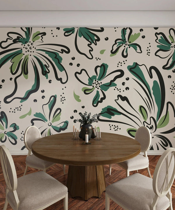 Floral Wallpaper, Black and Green Mural, Oversized Custom Size Wall Art, Non - Woven, Non - Adhesive, Modern Wall Paper, Removable - Adawall Wallpaper - Registered Trade Accounts Only, Wallpaper Wholesale Account - W77956 - Adawall Wholesale - Wallpaper Wholesaler