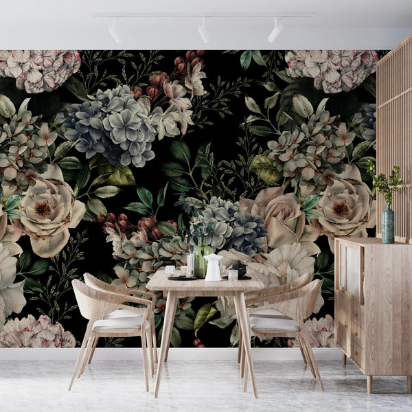 Floral Wallpaper, Dark Background Mural, Oversized Custom Size Wall Art, Non - Woven, Non - Adhesive, Modern Wall Paper, Removable - Adawall Wallpaper - Registered Trade Accounts Only, Wallpaper Wholesale Account - W77522 - Adawall Wholesale - Wallpaper Wholesaler