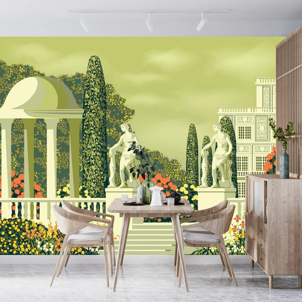 Flower Garden Wallpaper, Country House and Statues Mural, Oversized Custom Size Wall Art, Non - Woven, Non - Adhesive, Modern Wall Paper, Removable - Adawall Wallpaper - Registered Trade Accounts Only, Wallpaper Wholesale Account - W77763 - Adawall Wholesale - Wallpaper Wholesaler