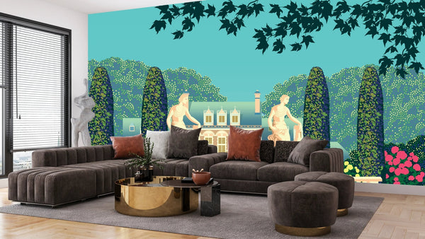 Flower Garden Wallpaper, House and Statues Mural, Oversized Custom Size Wall Art, Non - Woven, Non - Adhesive, Modern Wall Paper, Removable - Adawall Wallpaper - Registered Trade Accounts Only, Wallpaper Wholesale Account - W77762 - Adawall Wholesale - Wallpaper Wholesaler