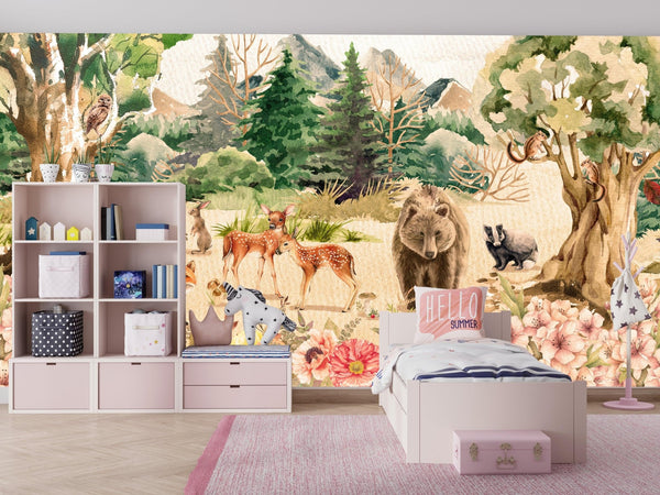 Forest Animals, Trees Wallpaper, Watercolor Mural, Oversized Custom Size Wall Art, Non - Woven, Non - Adhesive, Modern Wall Paper, Removable - Adawall Wallpaper - Registered Trade Accounts Only, Wallpaper Wholesale Account - W77653 - Adawall Wholesale - Wallpaper Wholesaler