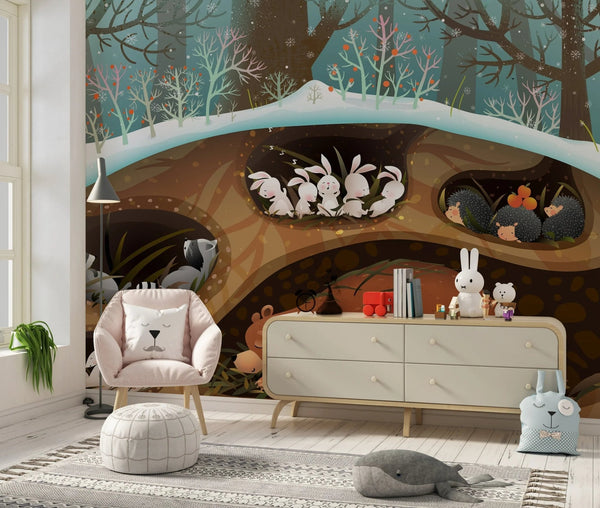 Forest Animals Wallpaper, Sleeping in Den Mural, Oversized Custom Size Wall Art, Non - Woven, Non - Adhesive, Modern Wall Paper, Removable - Adawall Wallpaper - Registered Trade Accounts Only, Wallpaper Wholesale Account - W78118 - Adawall Wholesale - Wallpaper Wholesaler