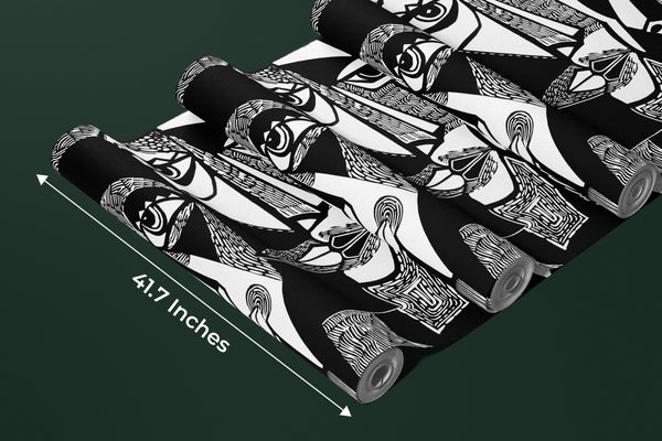 Modern Surreal, Black and White Wallpaper, Linocut Style Mural, Oversized Custom Size Wall Art, Non-Woven, Non-Adhesive, Modern Wall Paper, Removable