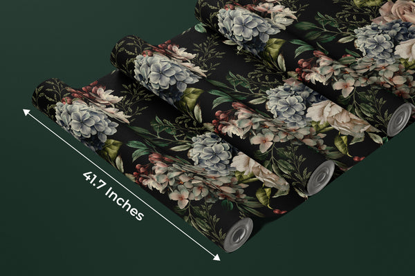 Floral Wallpaper, Dark Background Mural, Oversized Custom Size Wall Art, Non-Woven, Non-Adhesive, Modern Wall Paper, Removable