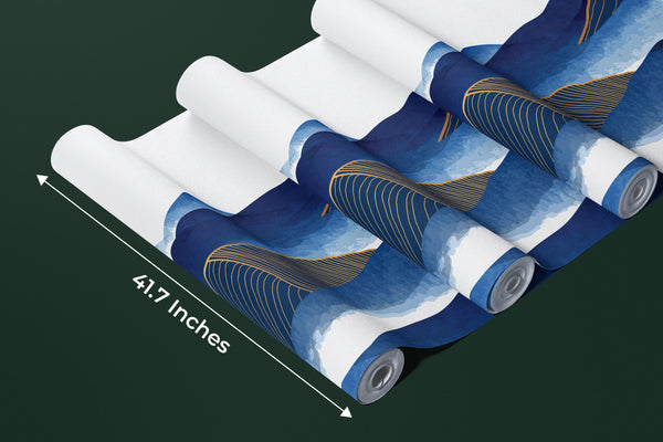 Blue Mountain Wallpaper, Golden Lines Mural, Oversized Custom Size Wall Art, Non-Woven, Non-Adhesive, Modern Wall Paper, Removable