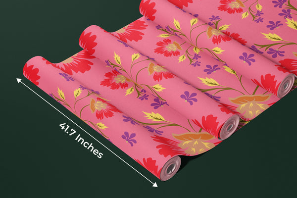 Colorful Floral, Pink Background Wallpaper, Seamless Pattern Mural, Oversized Custom Size Wall Art, Non-Woven, Non-Adhesive, Modern Wall Paper, Removable