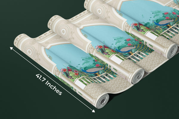 Chinoiserie Garden Arch Wallpaper, Peacock Mural, Oversized Custom Size Wall Art, Non-Woven, Non-Adhesive, Modern Wall Paper, Removable