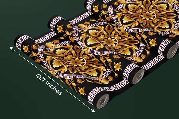 Border with Golden Baroque Wallpaper, Black Background Mural, Oversized Custom Size Wall Art, Non-Woven, Non-Adhesive, Modern Wall Paper, Removable