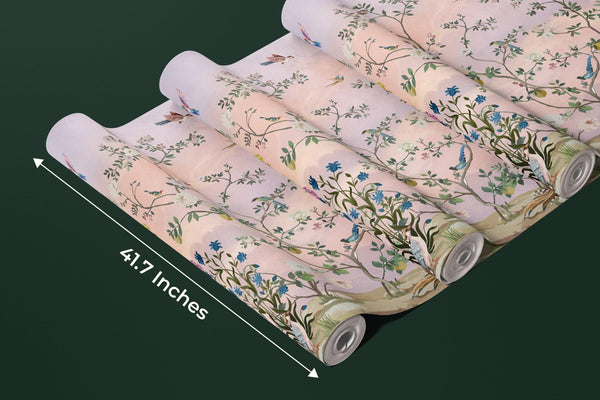 Chinoiserie Wallpaper, Floral Trees Mural, Oversized Custom Size Wall Art, Non-Woven, Non-Adhesive, Modern Wall Paper, Removable