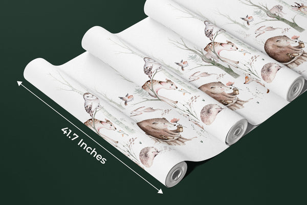 Cute Animals, Trees Wallpaper, White Background Mural, Oversized Custom Size Wall Art, Non-Woven, Non-Adhesive, Modern Wall Paper, Removable
