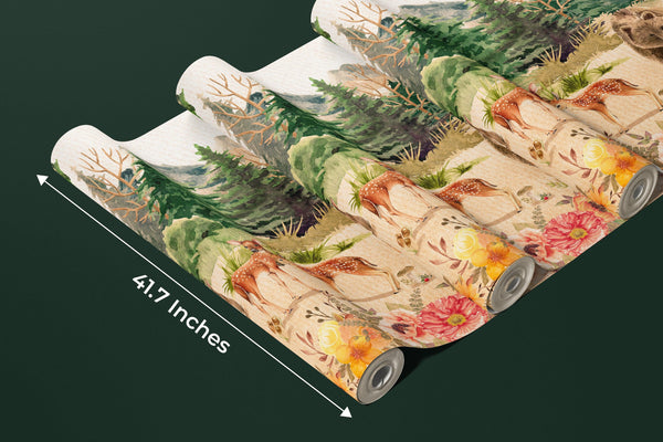 Forest Animals, Trees Wallpaper, Watercolor Mural, Oversized Custom Size Wall Art, Non-Woven, Non-Adhesive, Modern Wall Paper, Removable