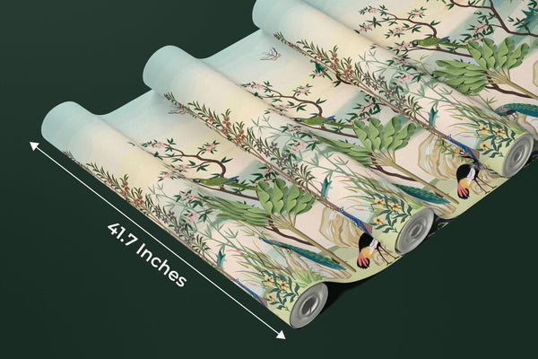 Chinoiserie Wallpaper, Floral Trees and Birds Mural, Oversized Custom Size Wall Art, Non-Woven, Non-Adhesive, Modern Wall Paper, Removable