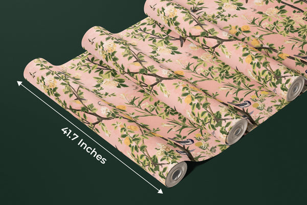 Garden of Peonies Wallpaper, Birds, Floral Mural, Oversized Custom Size Wall Art, Non-Woven, Non-Adhesive, Modern Wall Paper, Removable