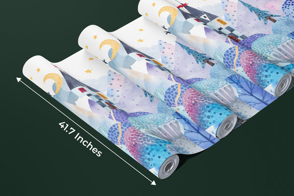 Bright Winter Wallpaper, Village Mural, Oversized Custom Size Wall Art, Non-Woven, Non-Adhesive, Modern Wall Paper, Removable