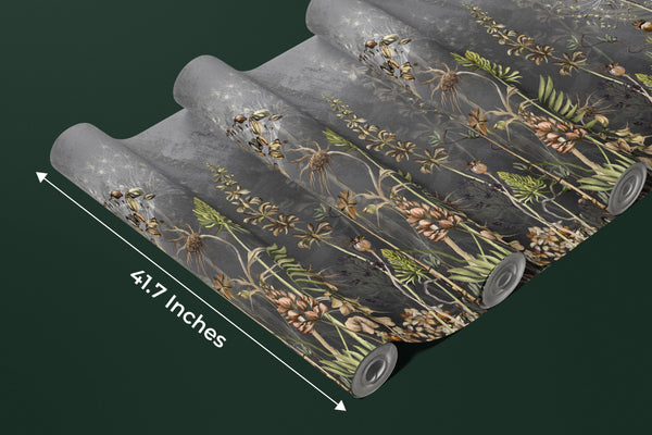 Dried Flowers Wallpaper, Grey Background Mural, Oversized Custom Size Wall Art, Non-Woven, Non-Adhesive, Modern Wall Paper, Removable