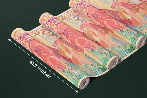 Stained Glass Unicorns Wallpaper, Spring Forest Mural, Oversized Custom Size Wall Art, Non-Woven, Non-Adhesive, Modern Wall Paper, Removable