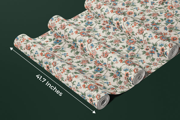 Vintage Flowers Wallpaper, Ethnic Mural, Oversized Custom Size Wall Art, Non-Woven, Non-Adhesive, Modern Wall Paper, Removable