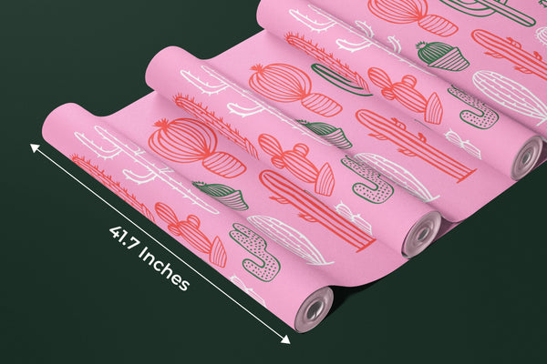 Hand Drawn Cactus Wallpaper, Pink Background Mural, Oversized Custom Size Wall Art, Non-Woven, Non-Adhesive, Modern Wall Paper, Removable