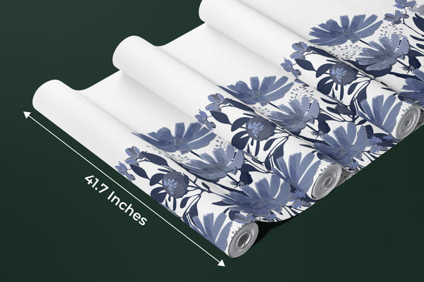 Dark Blue Floral Wallpaper, Seamless Pattern Mural, Oversized Custom Size Wall Art, Non-Woven, Non-Adhesive, Modern Wall Paper, Removable