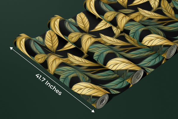 Gold and Light Green Leaves Wallpaper, Seamless Pattern Mural, Oversized Custom Size Wall Art, Non-Woven, Non-Adhesive, Modern Wall Paper, Removable