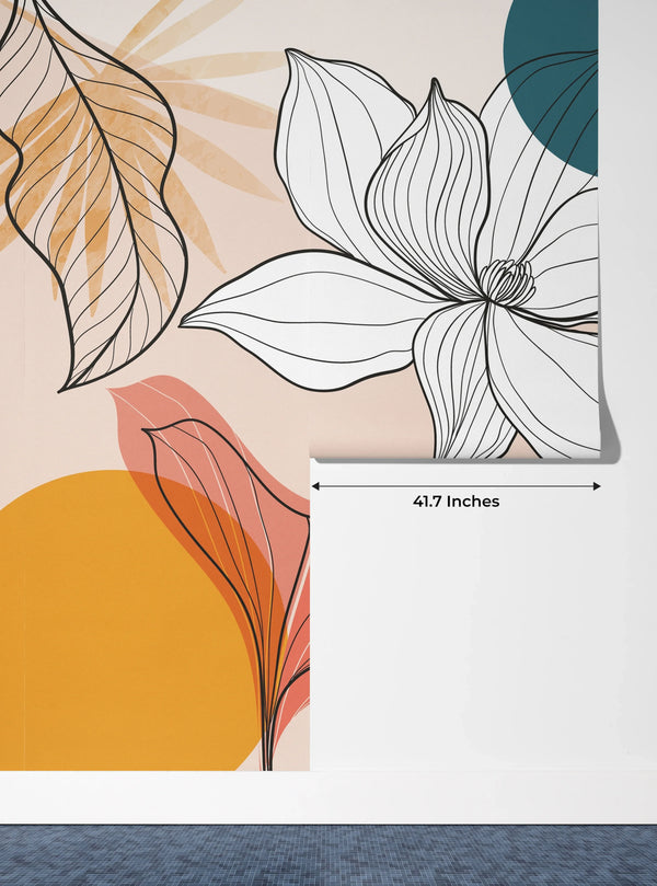 Floral and Botanical Wallpaper, Line Art Mural, Oversized Custom Size Wall Art, Non-Woven, Non-Adhesive, Modern Wall Paper, Removable