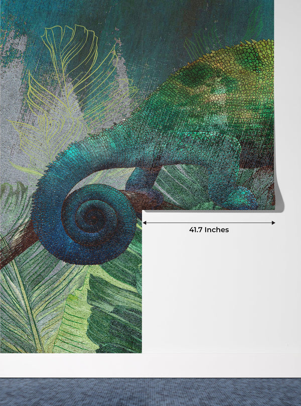 Tropical Leaves Wallpaper, Chameleon Background Mural, Oversized Custom Size Wall Art, Non-Woven, Non-Adhesive, Modern Wall Paper, Removable