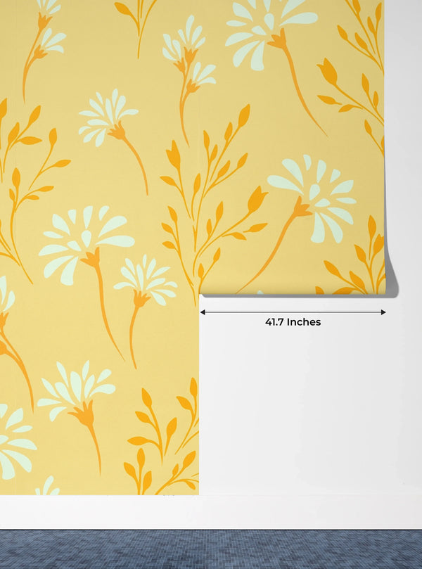 Flowers, Summer Yellow Wallpaper, Seamless Pattern Mural, Oversized Custom Size Wall Art, Non-Woven, Non-Adhesive, Modern Wall Paper, Removable
