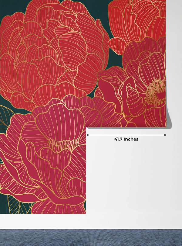 Red Peonies Wallpaper, Luxurious Gold Mural, Oversized Custom Size Wall Art, Non-Woven, Non-Adhesive, Modern Wall Paper, Removable