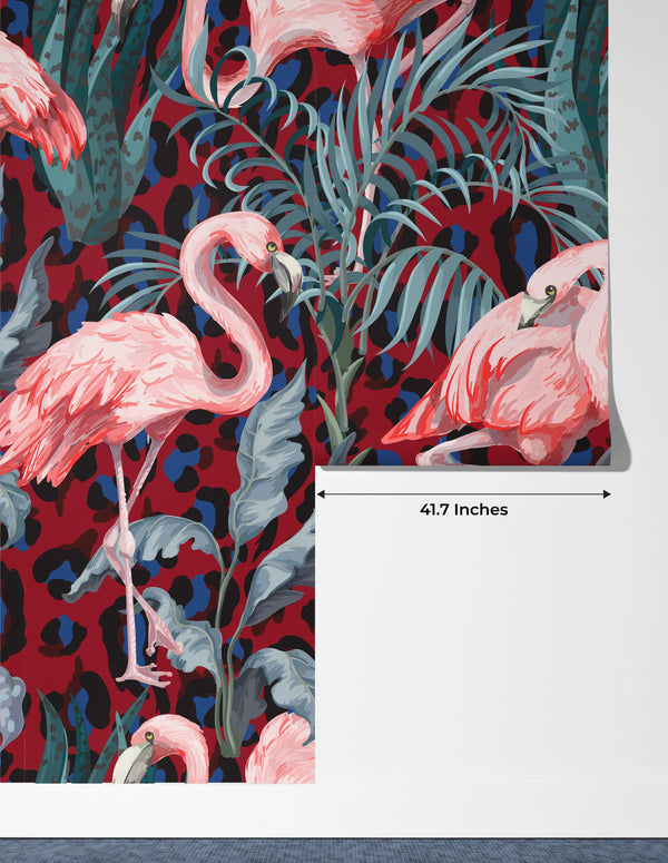 Pink Flamingo Wallpaper, Seamless Pattern Mural, Oversized Custom Size Wall Art, Non-Woven, Non-Adhesive, Modern Wall Paper, Removable
