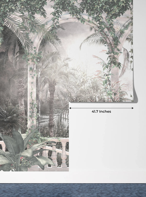 White Arch Wallpaper, Tropical Leaves, Vines Mural, Oversized Custom Size Wall Art, Non-Woven, Non-Adhesive, Modern Wall Paper, Removable