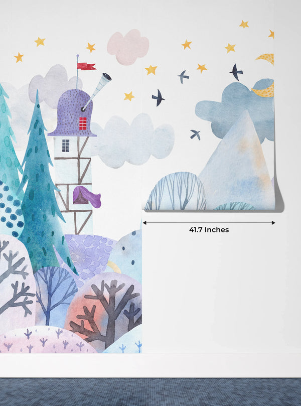 Bright Winter Wallpaper, Village Mural, Oversized Custom Size Wall Art, Non-Woven, Non-Adhesive, Modern Wall Paper, Removable