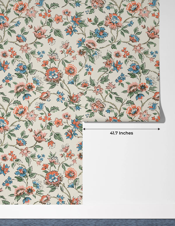 Vintage Flowers Wallpaper, Ethnic Mural, Oversized Custom Size Wall Art, Non-Woven, Non-Adhesive, Modern Wall Paper, Removable