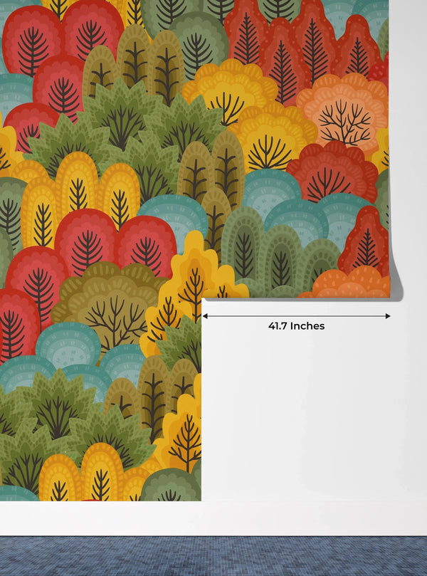 Autumn Forest, Trees Wallpaper, Seamless Pattern Mural, Oversized Custom Size Wall Art, Non-Woven, Non-Adhesive, Modern Wall Paper, Removable