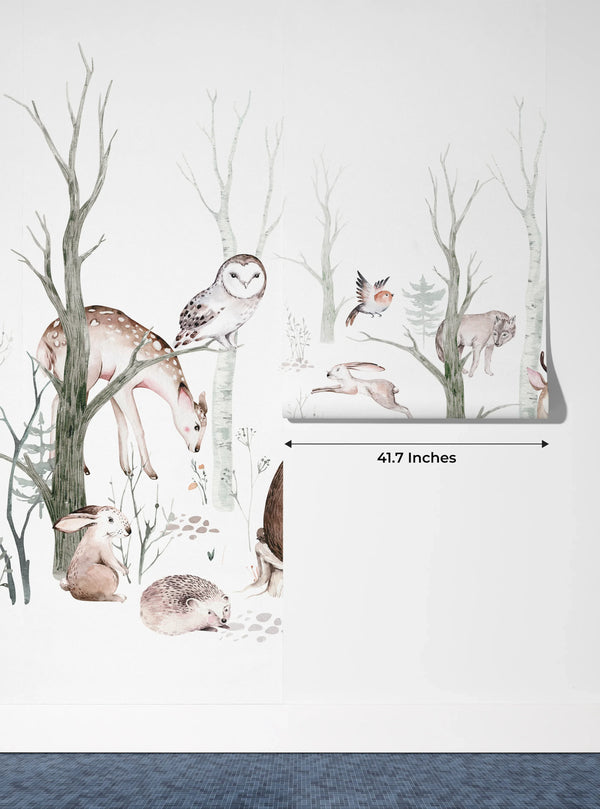 Cute Animals, Trees Wallpaper, White Background Mural, Oversized Custom Size Wall Art, Non-Woven, Non-Adhesive, Modern Wall Paper, Removable