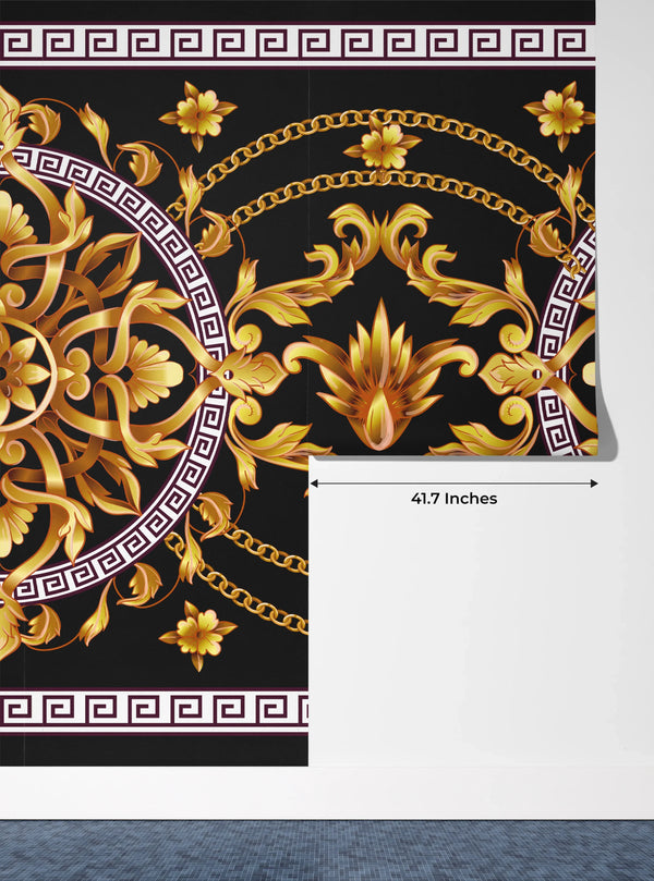 Border with Golden Baroque Wallpaper, Black Background Mural, Oversized Custom Size Wall Art, Non-Woven, Non-Adhesive, Modern Wall Paper, Removable