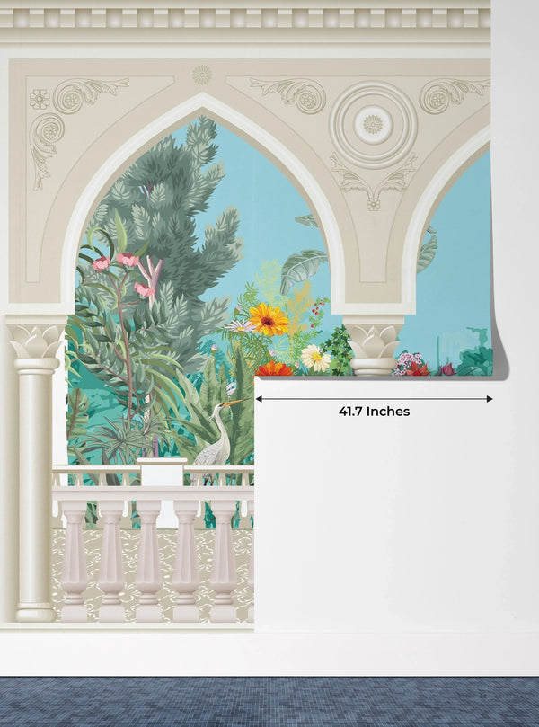 Chinoiserie Garden Arch Wallpaper, Peacock Mural, Oversized Custom Size Wall Art, Non-Woven, Non-Adhesive, Modern Wall Paper, Removable