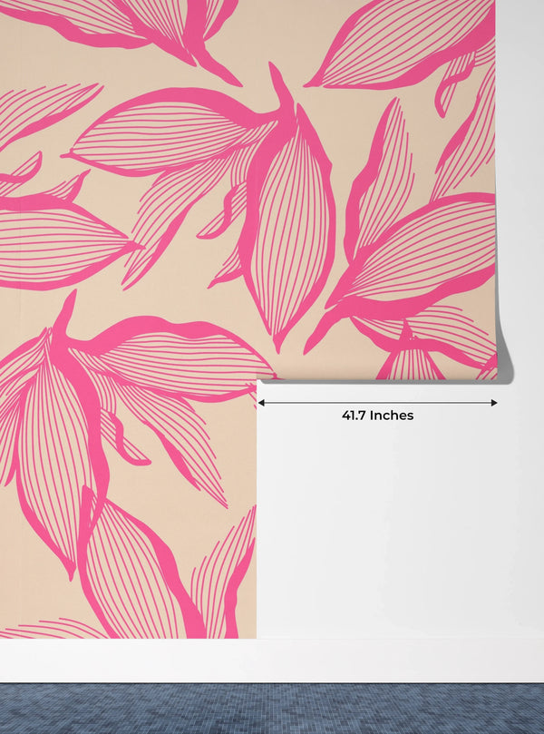 Pink Exotic Flowers Wallpaper, Seamless Pattern Mural, Oversized Custom Size Wall Art, Non-Woven, Non-Adhesive, Modern Wall Paper, Removable