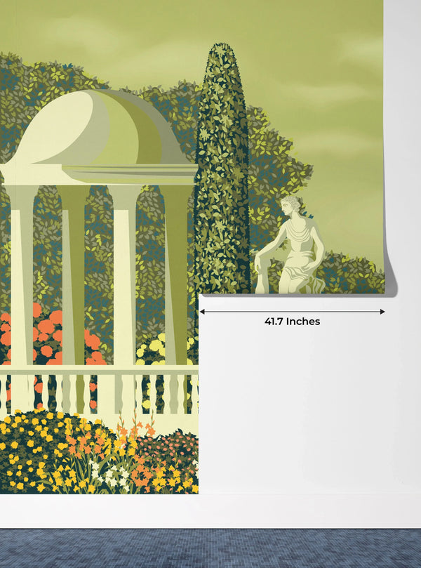 Flower Garden Wallpaper, Country House and Statues Mural, Oversized Custom Size Wall Art, Non-Woven, Non-Adhesive, Modern Wall Paper, Removable
