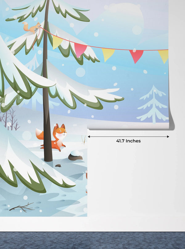 Winter Forest Wallpaper, Cute Animals Mural, Oversized Custom Size Wall Art, Non-Woven, Non-Adhesive, Modern Wall Paper, Removable