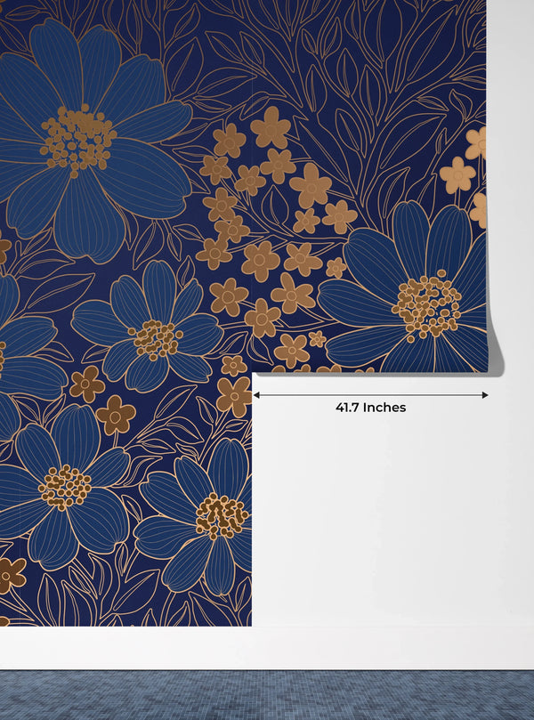 Blue and Gold Floral Wallpaper, Seamless Pattern Mural, Oversized Custom Size Wall Art, Non-Woven, Non-Adhesive, Modern Wall Paper, Removable