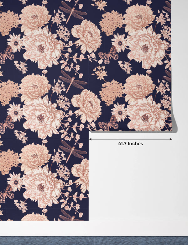White and Gold Blooming Flowers Wallpaper, Dark Seamless Pattern Mural, Oversized Custom Size Wall Art, Non-Woven, Non-Adhesive, Modern Wall Paper, Removable