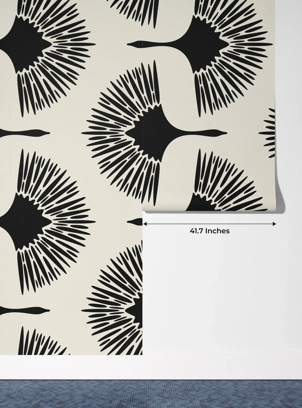 Art Deco Crane Wallpaper, Seamless Pattern Mural, Oversized Custom Size Wall Art, Non-Woven, Non-Adhesive, Modern Wall Paper, Removable