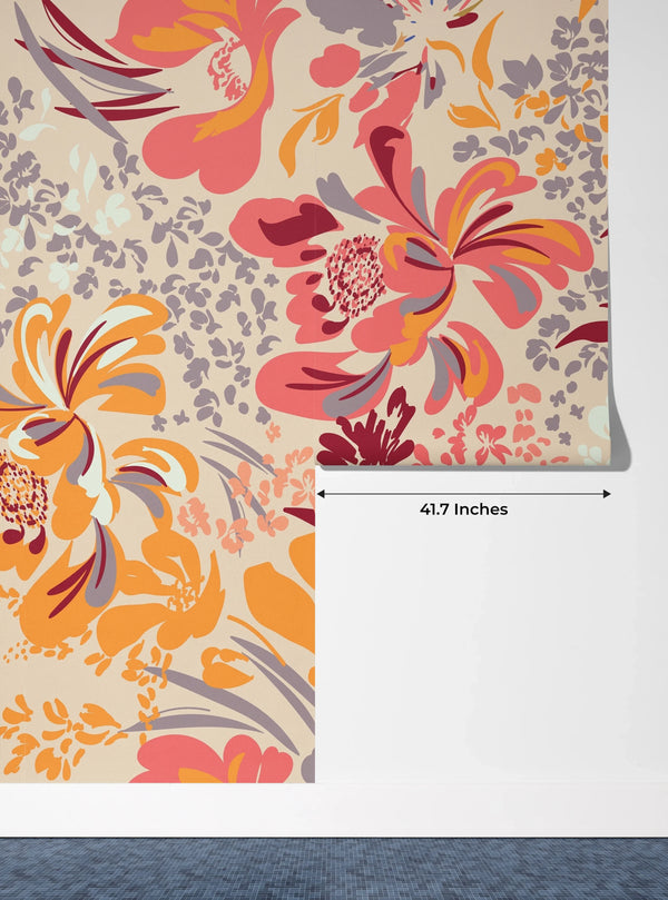 Floral Red and Yellow Wallpaper, Seamless Pattern Mural, Oversized Custom Size Wall Art, Non-Woven, Non-Adhesive, Modern Wall Paper, Removable