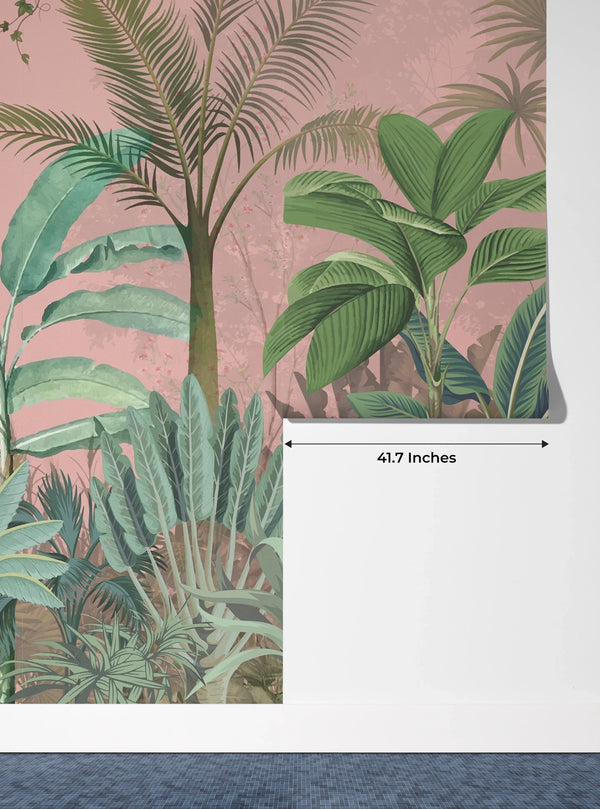 Jungle Wallpaper, Pink Sky Mural, Oversized Custom Size Wall Art, Non-Woven, Non-Adhesive, Modern Wall Paper, Removable